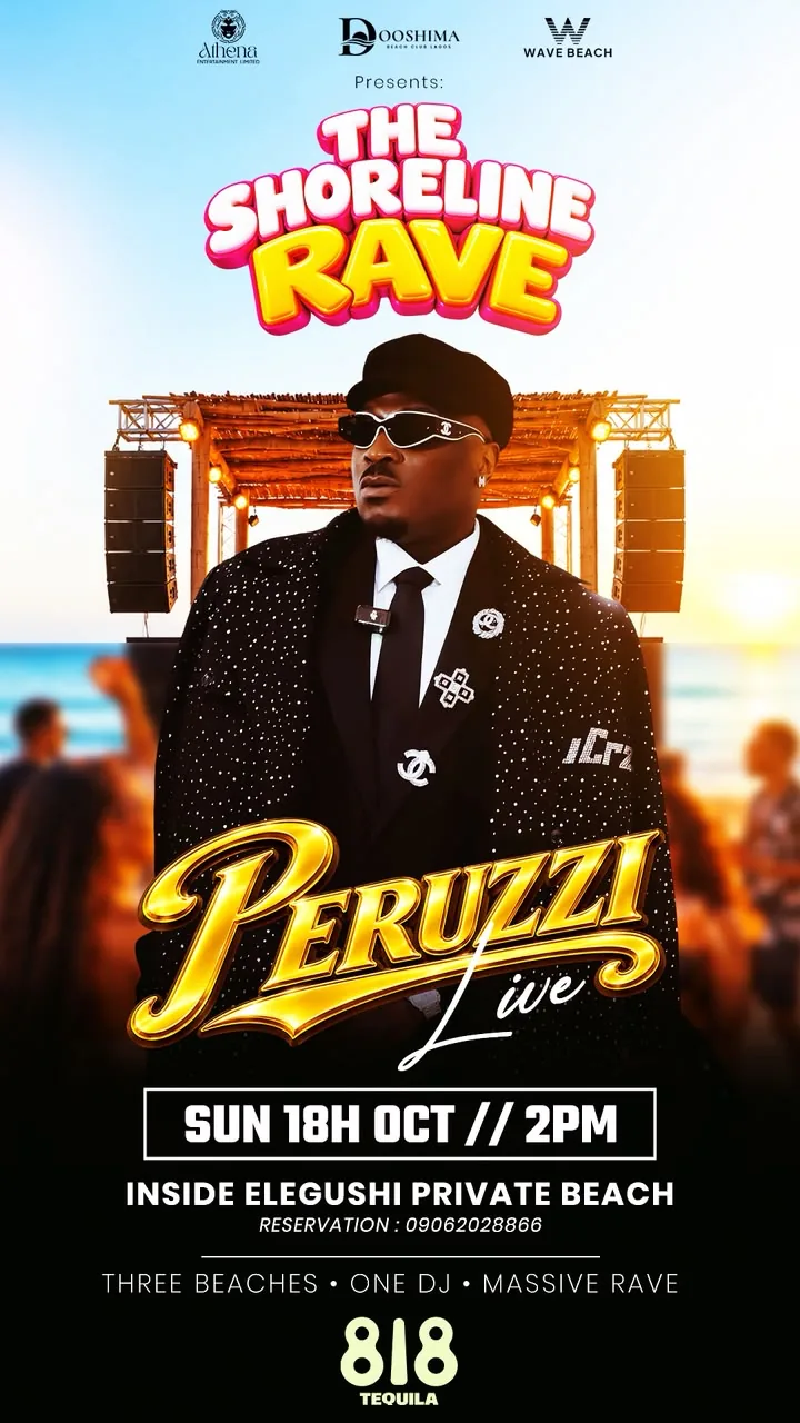 Flyer: Athena, Dooshima and Wave Beach present The Shoreline Rave, Peruzzi live, Sunday 18 October from 2pm, inside Elegushi Private Beach