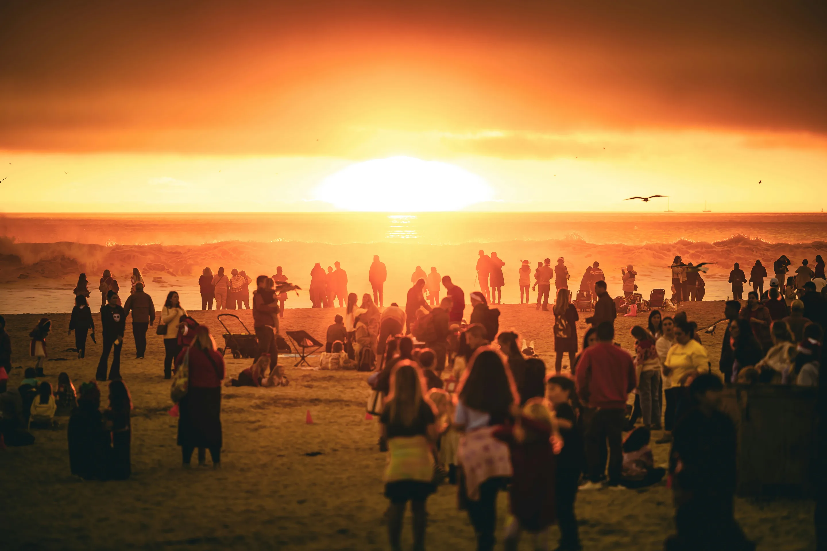 A crowd silhouetted on the beach against an orange sunset